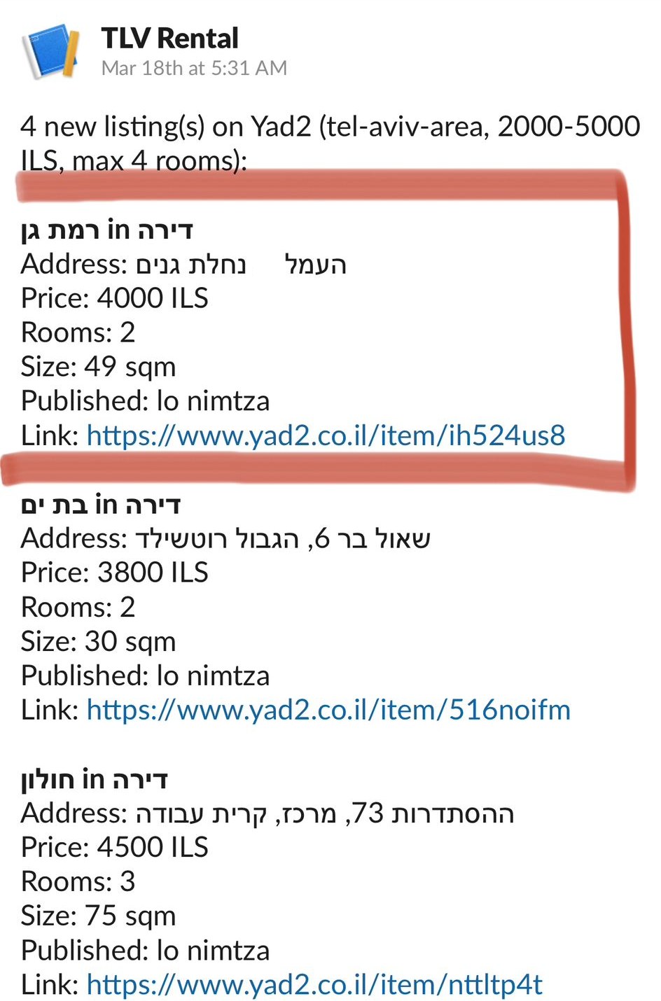 Slack notification from my Yad2 scraper showing four new listings, with the Ramat Gan apartment I rented highlighted in red